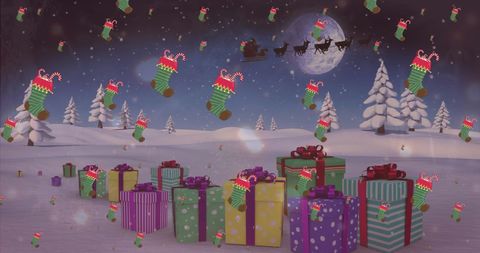 Festive Christmas Snow with Flying Gifts and Sleigh