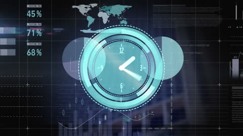 Neon Clock Overlay on Digital Data Interface