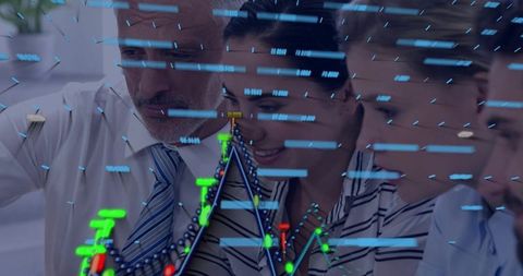 Business team analyzing holographic data on glass display for collaborative strategy analytics