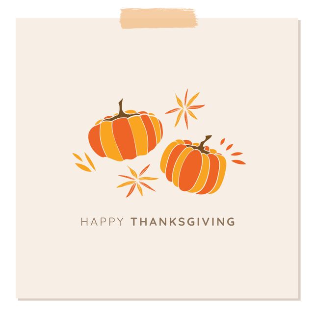 Illustrated greeting card featuring pumpkins and warm autumn tones, ideal for Thanksgiving templates, seasonal decorations, and festive messaging. Can be used for print, social media posts, invitations, and more.