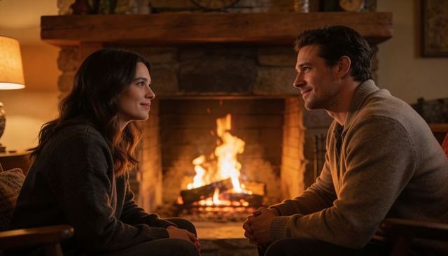 Cozy couple sharing intimate conversation by stone fireplace in rustic cabin