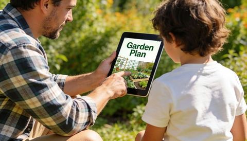 Father teaching son garden planning on tablet backyard vegetable beds family learning