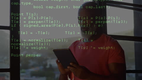 Man with Tablet Analyzing Complex Data Overlay