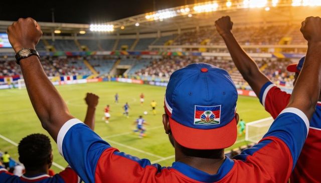 Haitian soccer fan cheering in stadium wearing flag cap raising arms under floodlights
