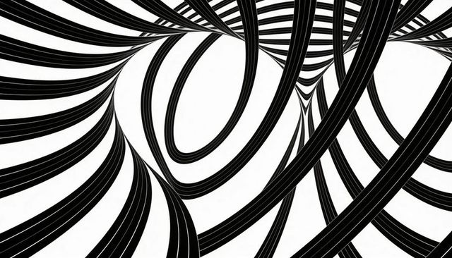Interwoven black ribbon spiral pattern creating optical illusion and dynamic geometric flow
