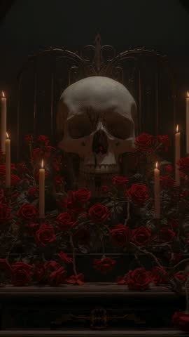 Flickering Flames Casting Shadows Across Skull and Red Roses on Gothic Altar