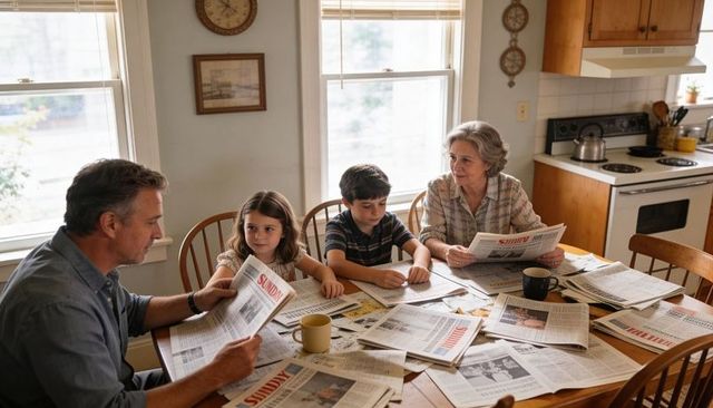 Multigenerational family reading and sorting sunday newspapers around kitchen table
