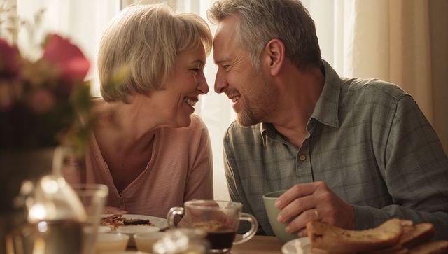 Mature couple sharing loving sunlit breakfast and coffee at cozy dining table
