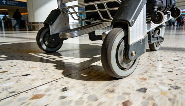 Rolling luggage cart wheels gliding across polished airport terminal terrazzo floor