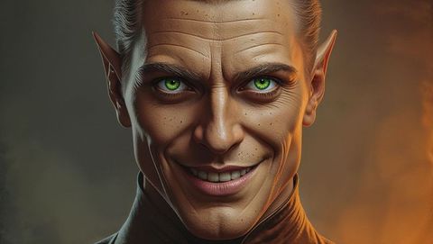 Lucifer with glowing green eyes in mystical studio portrait