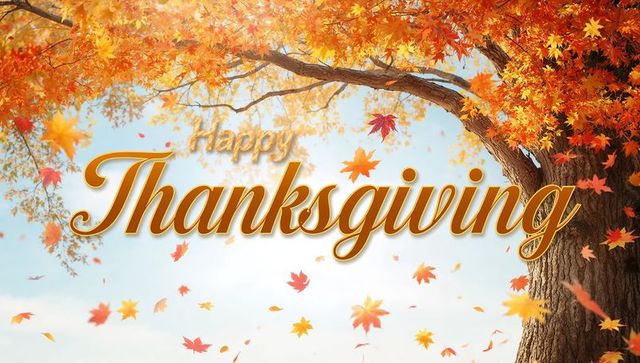 Golden thanksgiving greeting floating over autumn tree canopy with falling leaves