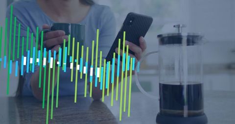 Korean woman checking smartphone while holding coffee mug in kitchen with waveform overlay