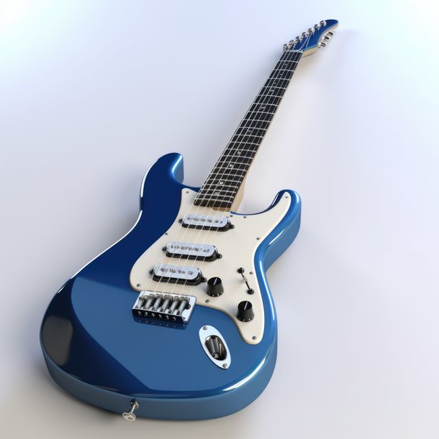 Blue electric guitar lying on a white background, showcasing its sleek design and fine craftsmanship. Ideal for use in projects related to music, rock bands, musical instrument catalogs, and advertisements targeting musicians and music enthusiasts.