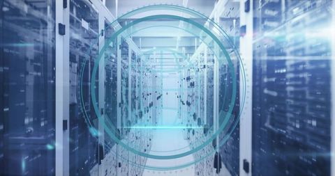 Futuristic data center with teal network monitoring overlay