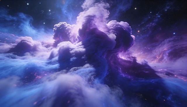 Swirling Purple-Blue Nebula Plumes Forming Luminous Interstellar Cloudscape with Starfield