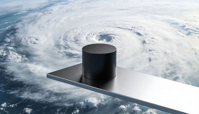 Dark cylinder sensor platform hovering above hurricane eye in low earth orbit metallic satellite