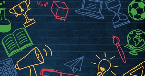 Colorful Educational Icons on Chalkboard Background