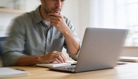 Thoughtful man working from home with laptop and notebook at sunlit minimalist wooden desk