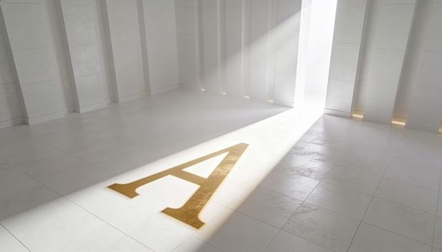 Projecting gold letter a across minimal white hall floor, diagonal light shaping geometry