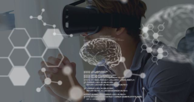 Person wearing VR headset with hands close up and digital brain overlay. Displays concept of advanced technology and innovation. Useful for promotional material on virtual reality, tech development, educational resources, or technology advertising.