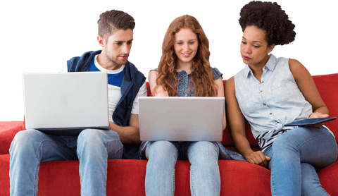 Transparent Background of Creative Team Seated on Red Sofa Using Devices - Download Free Stock Videos Pikwizard.com