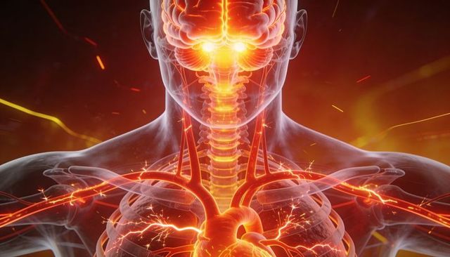 Translucent bust revealing glowing brain, spinal cord and heart with pulsing neural energy