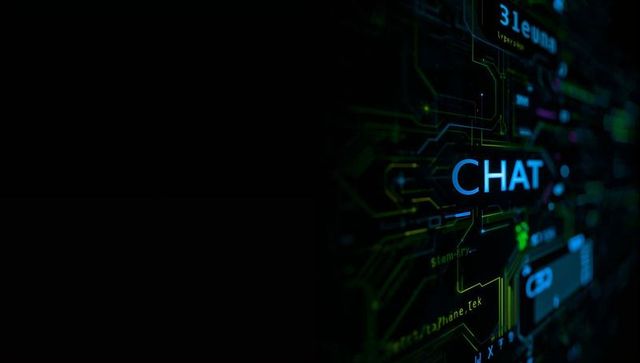 Futuristic digital interface with chat text and neon circuitry