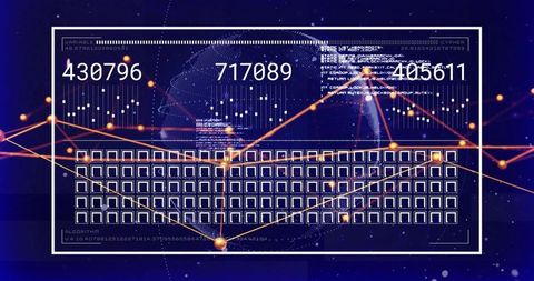 Futuristic data dashboard displaying global network metrics with orange trend lines