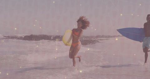 Joyful Summer Adventure Beach Fun with Friends Carrying Bodyboards