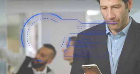 Businessman Uses Smartphone with Cybersecurity Interface Overlay