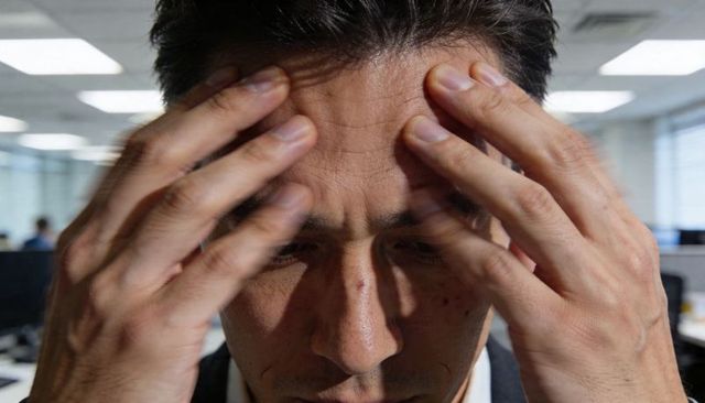 Man pressing hands to forehead in modern open-plan office expressing stress and concentration
