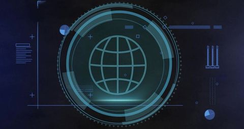 Futuristic hud globe interface with rotating rings and network monitoring elements