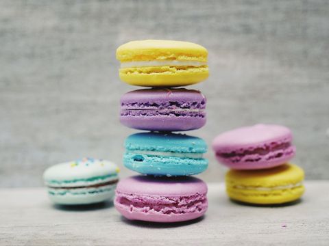 Colorful assortment of macarons in vibrant layered stack