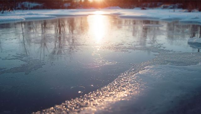 Tranquil Frozen Lake at Sunrise Reflecting Winter Sun