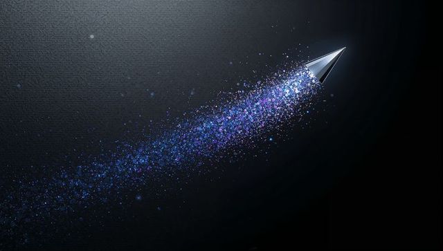 Metal paper jet launching through starfield particle trail with blue purple sparkle glow
