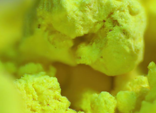 Detailed close-up of vibrant yellow sulfur crystals showcasing their unique texture and natural beauty. Ideal for educational materials, scientific displays, and nature explorations. Useful for adding a pop of color and texture in designs related to geology, minerals, and chemistry.