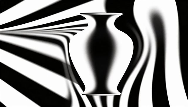 Silhouetted amphora vase with warped black and white stripes creating optical illusion