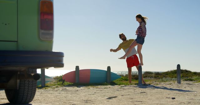 Couple Enjoying Beach Vacation with Surfboards and Camper Van - Download Free Stock Images Pikwizard.com