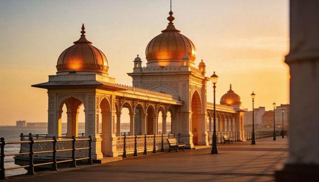 Golden-domed seaside pavilion glowing at sunset on lantern-lined promenade with arched colonnade