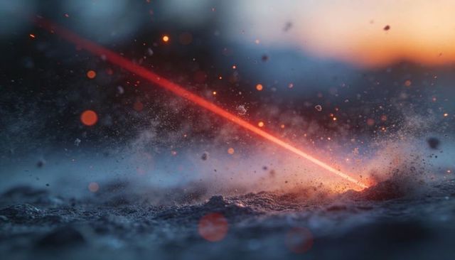 Diagonal red laser beam cutting into gritty ground, scattering sparks and dust, dramatic bokeh