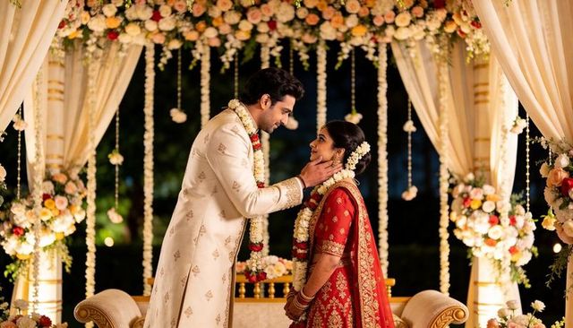 Indian couple exchanging vows at floral mandap during evening garden wedding