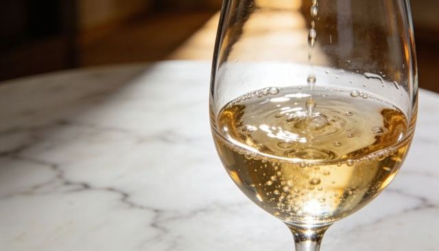 Pouring sparkling white wine into glass on marble tabletop closeup with bubbles