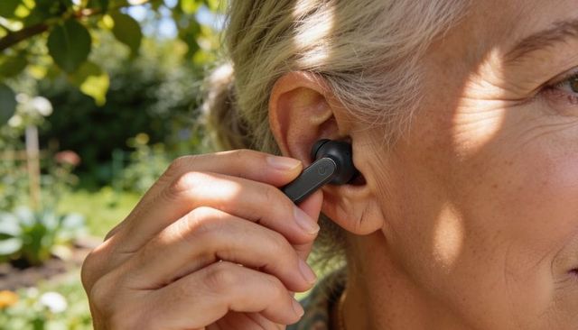 Senior woman adjusting wireless earbud in garden close-up with dappled sunlight