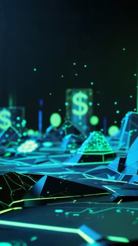 Vertical finance grid pulsing with drifting neon particles and glowing dollar icons