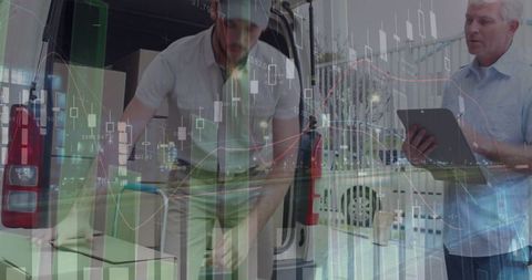 Global Shipping Concept: Man Packing Boxes with Data Overlay