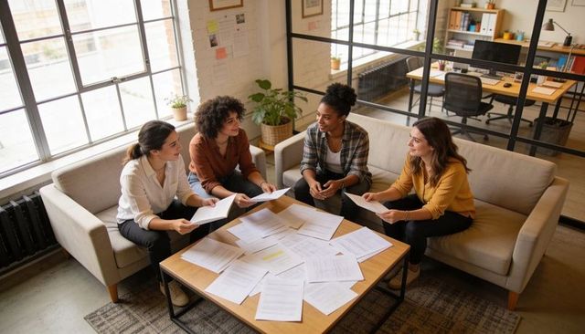 Four women reviewing documents in casual office lounge collaborating on project plans