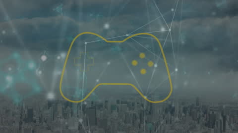 Futuristic Game Controller Interface Overlay on Urban Skyline