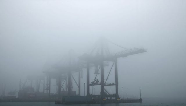 Gantry cranes looming through dense fog at shipping port, harbor silhouette, reflections