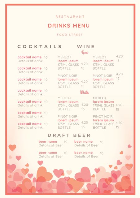 This Valentine's Day restaurant drinks menu features a beautiful heart design in hues of pink, creating a romantic-themed aesthetic. The menu is segmented into sections for cocktails, wine (red and white), and draft beer, making it an ideal choice for any restaurant or café celebrating this special occasion. The design ensures an elegant and festive presentation, perfect for promoting Valentine's Day specials and creating a warm atmosphere.