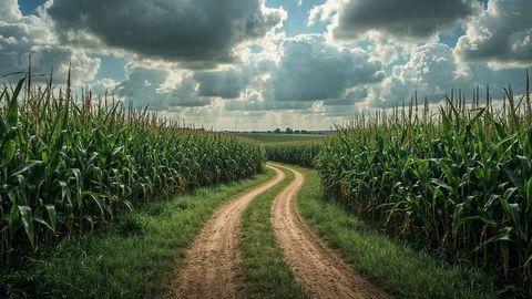 Winding dirt road through cornfields under dramatic clouds